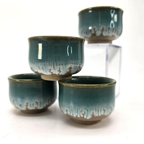 4 Drip Glazed Tea Cups Blue and Brown Set Of 4 Handmade Ceramic je193 - Picture 9 of 9